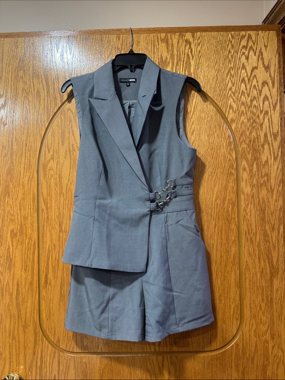 Sleeveless Gray Blazer & Short Romper with Side Buckle Detail